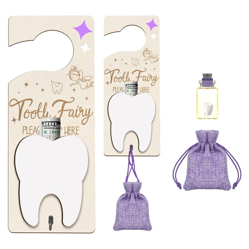 AINBIN Tooth Fairy Door Hanger with Money Slot Keepsake Bottle Burlap Pouch & Upgrade Night Light, Cute Wooden Tooth Fairy Holder Kit for Lost Teeth Kids Children Boys Girls Encourage Gift (Purple) - Image 1